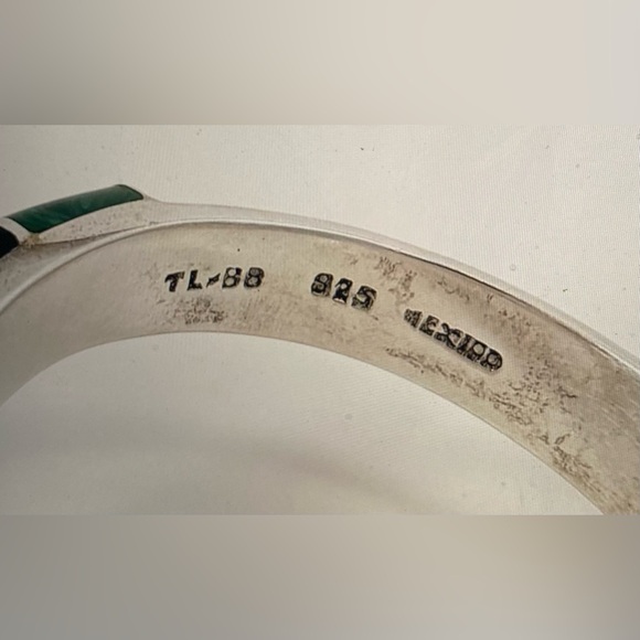 TAXCO Sterling Silver Malachite & Onyx Chevron Hinged Bracelet Stamped Mexico HP - Picture 7 of 14